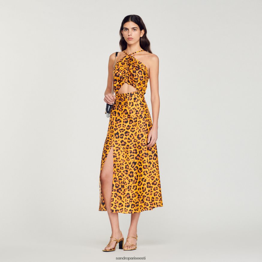 Sandro Paris kehakate naised pikk leopardimustriline kleit BN4RF309 oranž/must