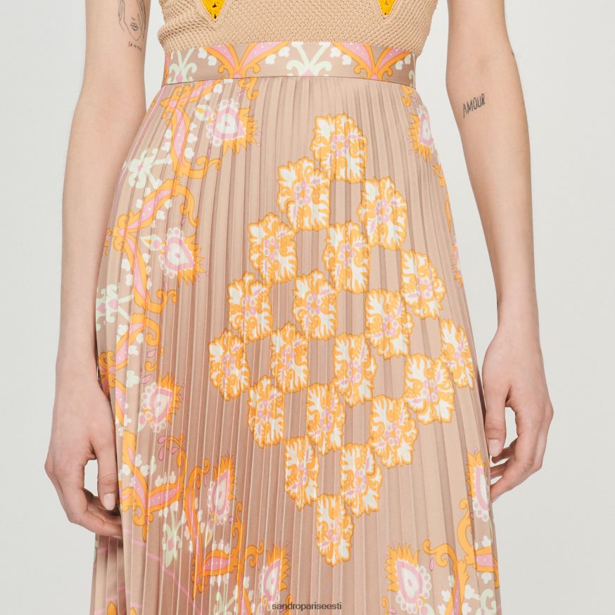 Sandro Paris kehakate naised pikk trükitud voldiga seelik BN4RF262 beež