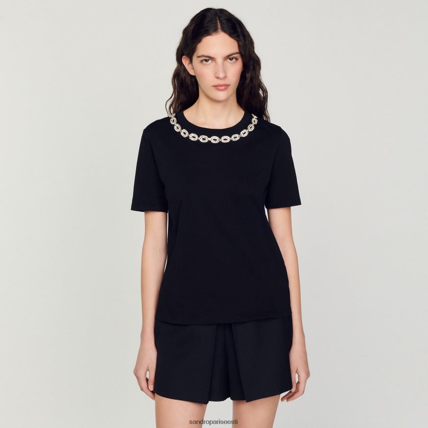 Sandro Paris kehakate naised orgaanilisest puuvillast ehtega kraega T-särk BN4RF114 must