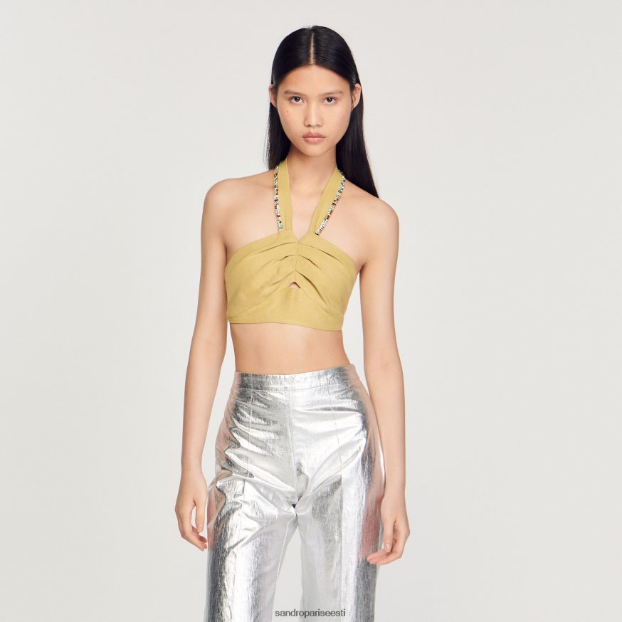 Sandro Paris kehakate naised rhinestone-kaunistusega crop top BN4RF367 laimiroheline