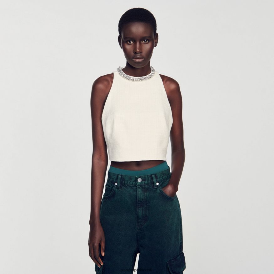 Sandro Paris kehakate naised tweed kärbitud top BN4RF59 ekru